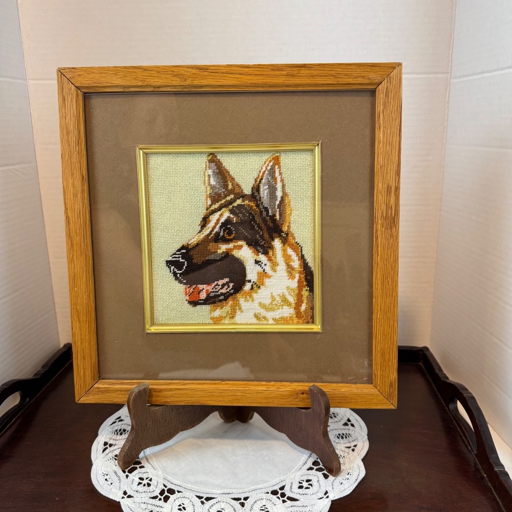 Vintage German Shepherd Needlepoint Framed Wall Art Oak Frame Dog